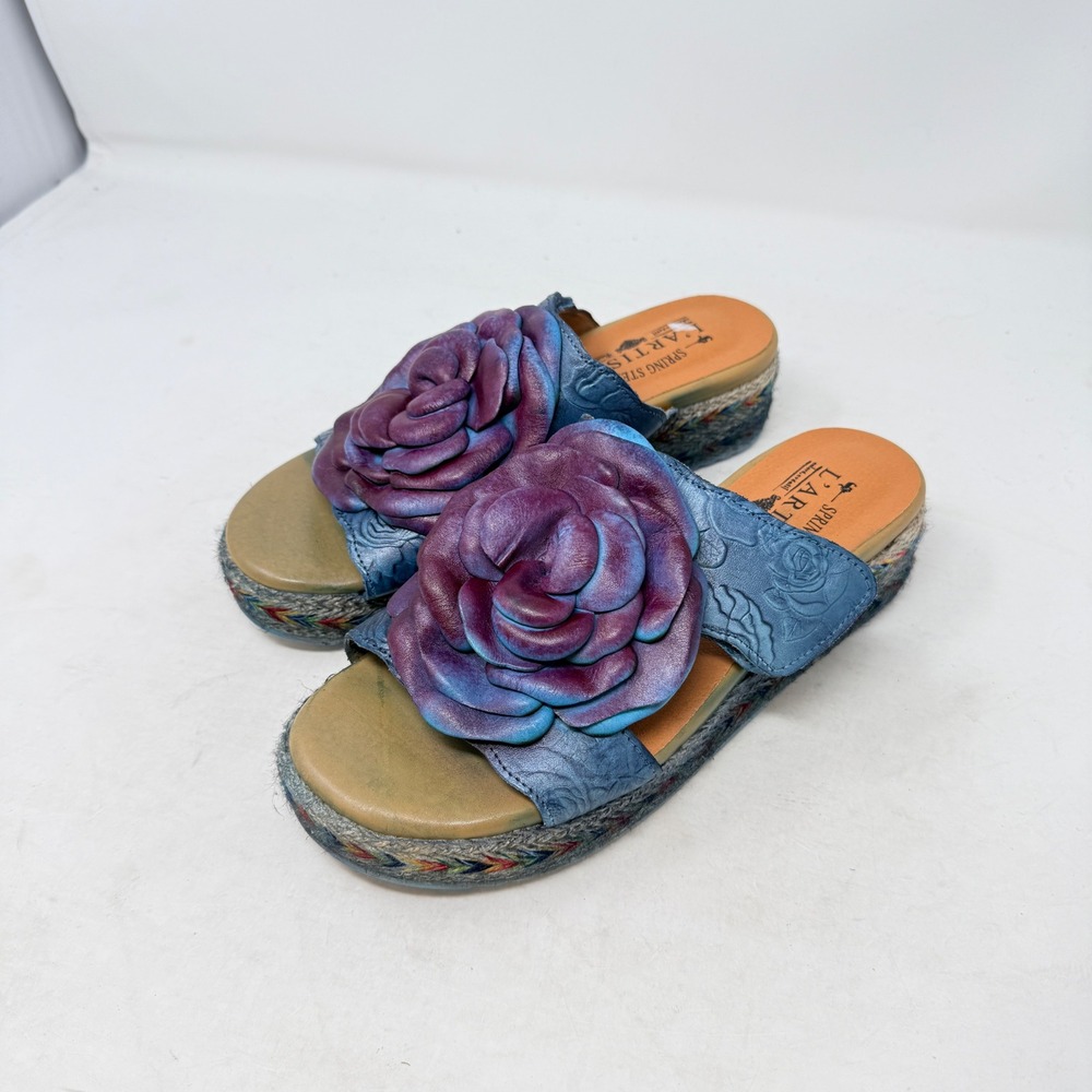 L'Artiste Spring Step Floral Platform Slide Sandals Blue Purple 37 Boho Leather